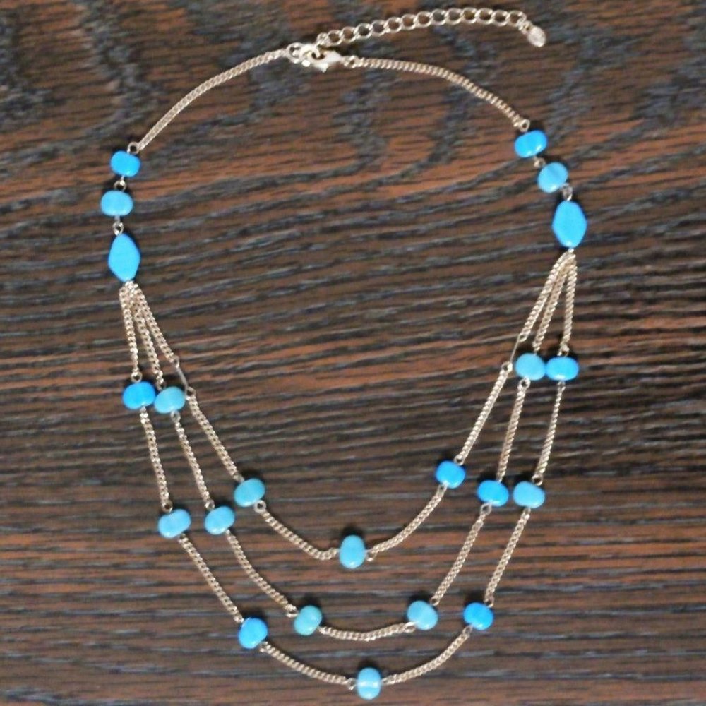 MONET 18" THREE STRAND NECKLACE, TURQUOISE COLORED BEAD, GOLD TONE CHAIN